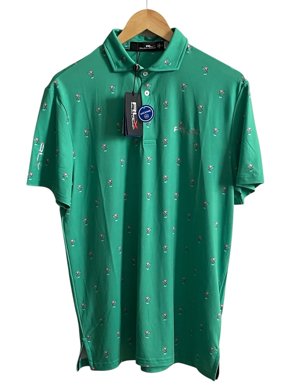RLX Ralph Lauren Men Green Flamingo Fishing Print Golf Polo Shirt M NEW - Picture 2 of 14